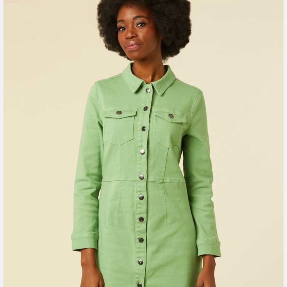 Green Button-Up Denim Dress